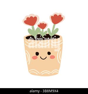 Joli pot de fleurs beige souriant dessiné à la main avec des fleurs rouges Illustration de Vecteur