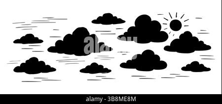 Nuages de dessins animés monochromes dessinés à la main. Gravure nuage collection d'esquisse illustration vectorielle isolée Illustration de Vecteur