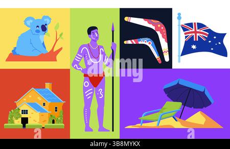Bienvenue en Australie - ensemble d'illustrations colorées de style plat Illustration de Vecteur