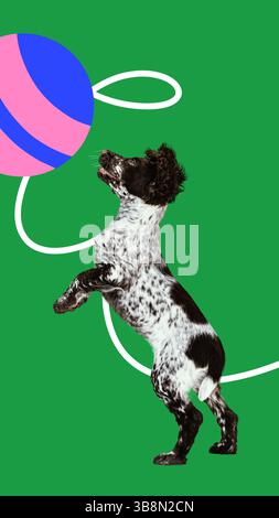 Affiche. Collage artistique surréaliste. Chien tacheté saute vers la balle de jouet rayé rose sur fond vert montrant l'action et le plaisir. Banque D'Images