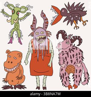 Illustration surréaliste avec des monstres colorés de style bande dessinée. Illustration de Vecteur