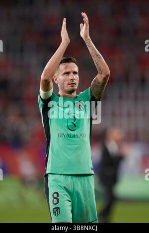 28 septembre 2023, PAMPELUNE, NAVARRE, ESPAGNE : Saul Niguez de l'Atletico de Madrid réagit après le match LaLiga EA Sports entre CA Osasuna et Atletico de Madrid à El Sadar le 28 septembre 2023, à Pampelune, Espagne. (Crédit image : © Ricardo Larreina/AFP7 via ZUMA Press Wire) Banque D'Images
