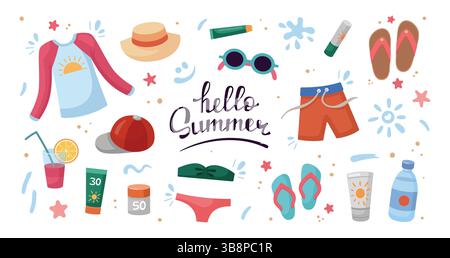 Concept de vacances à la plage. Design plat, illustration de bande dessinée. Hello Summer lettrage dessiné à la main. Accessoires de plage, éléments. Coups de crème solaire. Concept de vacances à la plage. Conception plate Illustration de Vecteur