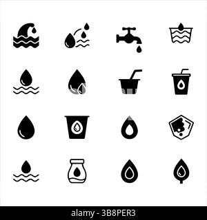 Icône d'eau définie. Collection d'icônes de ligne de goutte d'eau ,16 icônes noir et blanc représentant différents types d'eau. Illustration de Vecteur