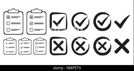 Liste de contrôle en noir et blanc et ensemble d'icônes croisées , conception vectorielle minimaliste Illustration de Vecteur