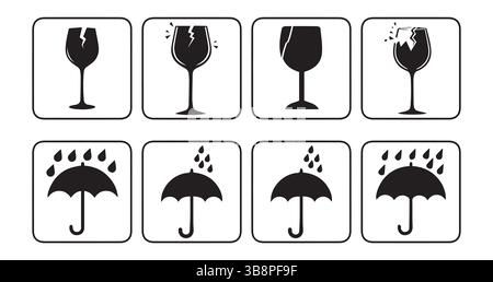 Fragile et garder au sec icône Set , expédition, emballage, et collecte de symboles de manipulation , icône de verre de tasse cassé. Buvez le symbole de silhouette de vin , gardez au sec Illustration de Vecteur