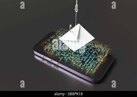 L'hameçon tire une enveloppe d'un téléphone portable ayant des nombres binaires flottant au-dessus de son écran sur un fond noir. Hameçonnage par e-mail Banque D'Images