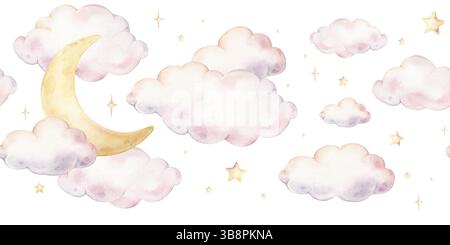 Aquarelle ciel frontière sans couture avec nuages, croissant de lune et étoiles dispersées dans des couleurs pastel. Illustration dessinée à la main du motif répété pour bébé Banque D'Images