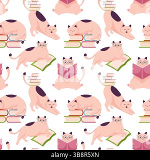 Personnage de chat retour à l'école motif sans coutures dans un style plat. Heureux personnage de chats mignons dans des verres avec livre. Conception de style d'art de dessin animé de scientifique Illustration de Vecteur