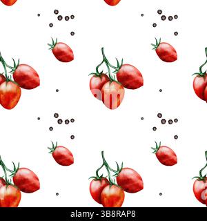 Motif aquarelle tomates. Tomates cerises dessinées à la main sur une branche avec du poivre noir. Idéal pour l'impression textile, pour l'emballage de produits à base de tomates Banque D'Images
