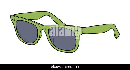 Illustration vectorielle de lunettes de soleil vertes avec des lentilles sombres. Un accessoire d'été élégant dans un style de dessin animé. Isolé sur blanc. Idéal pour la mode, les vacances Illustration de Vecteur
