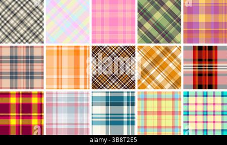 Collection vibrante de 16 motifs écossais sans couture. Parfait pour la conception textile, la mode, les arrière-plans de site Web, ou scrapbooking. Offre des couleurs variées PA Illustration de Vecteur