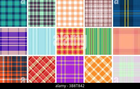 Collection vibrante de 16 motifs écossais sans couture. Parfait pour la conception textile, les arrière-plans de site Web ou les projets de mode. Ces divers contrôles et str Illustration de Vecteur