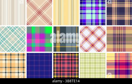 Collection vibrante de 16 motifs à carreaux et rayures sans couture. Parfait pour le design textile, la mode, les sites Web, et plus encore. Offre une gamme de couleurs et de s Illustration de Vecteur