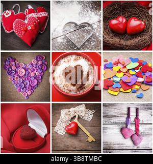 Divers coeurs pour la Saint-Valentin. Décorations de Saint-Valentin. Collage de neuf photos Banque D'Images