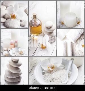 Sel de mer, rebonds avec orchidées, huile essentielle et serviettes blanches, collage concept spa Banque D'Images