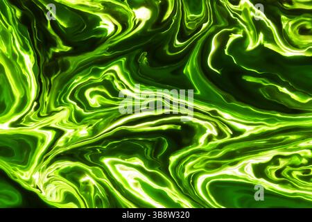 Texture tourbillon liquide vert. Motif lumineux abstrait. Aspect marbre avec des lignes fluides. Effet néon éclatant. Conception du flux de peinture. Fond d'art psychédélique. Banque D'Images