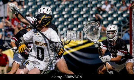 26 mai 2024, Philadelphie, Pennsylvanie, États-Unis : LoganÊTucker (0) d'Adelphi a essayé de gagner de la place lors du match de crosse de la NCAA Division II National Championship Lacrosse entre Lenoir-Rhyne et Adelphi au Lincoln Financial Field à Philadelphie, Pennsylvanie, le 26 mai 2024. Scott Serio/Cal Sport Media (crédit image : Banque D'Images