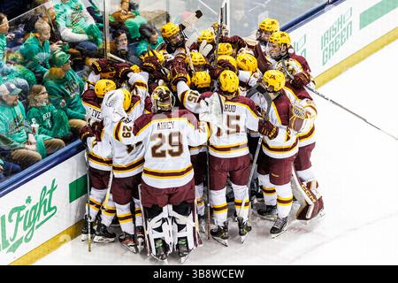 17 février 2024 : les joueurs du Minnesota célèbrent le but de l'attaquant du Minnesota Jimmy Snuggerud (81) lors d'un match de hockey de la NCAA entre les Golden Gophers du Minnesota et les Fighting Irish de notre Dame au Compton Family Ice Arena à South Bend, Indiana. John Mersits/CSM. (Crédit image : © John Mersits/CSM via ZUMA Press Wire) Banque D'Images