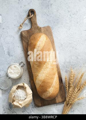 Pain de pain de blouson blanc britannique ou de levain européen de bâton sur fond de ciment gris. Pain de pain frais, pot en verre avec entrée de levain, farine en p Banque D'Images