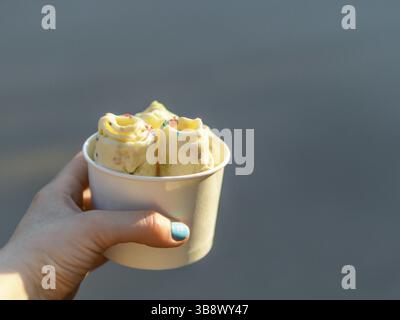 Glace roulée dans une tasse conique dans la main de femme. Femme tient une coupe conique avec de la glace de style thaïlandais kiwi banana roulé. Extérieur. Lumière naturelle et dure. Copier sp Banque D'Images