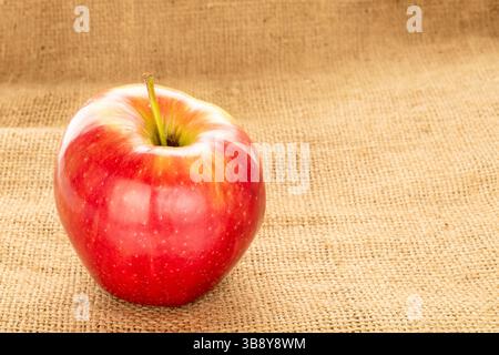 Une pomme juteuse rouge sur toile de jute, macro. Banque D'Images