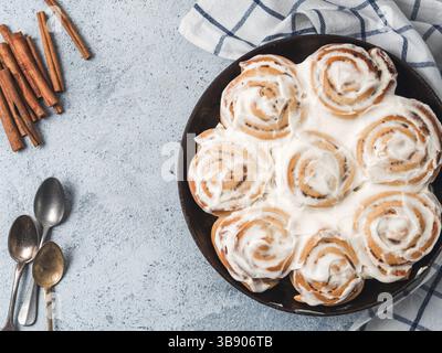 Pâtisseries idée et recette - rouleaux à la cannelle parfaits avec garniture, vue de dessus dans la poêle. Brioches suédoises végétaliennes à la cannelle Kanelbullar avec des épices de citrouille, toppi Banque D'Images