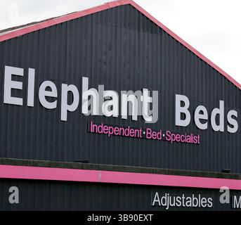 Devant du magasin Elephant Beds, Cardiff, pays de Galles du Sud. Prise 2025 printemps Banque D'Images