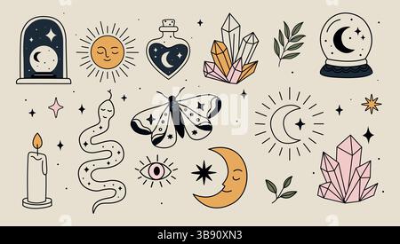 Mystique Boho Clipart Set Celestial et Magical Elements in Flat style Illustration de Vecteur