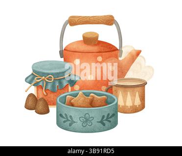 Heure du thé avec tasse, pot et pot. Théière, mug et confiture maison et biscuits Banque D'Images