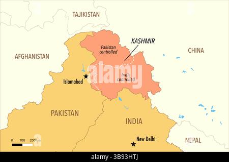 Carte du Pakistan et de l'Inde mettant en évidence le différend et la ligne de contrôle du Cachemire Banque D'Images
