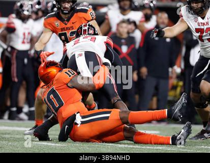 29 septembre 2023 : le quarterback des Utah Utes Nate Johnson (13 ans) est enveloppé par le linebacker des Oregon State Beavers Andrew Chatfield Jr. (10 ans) lors du match de football NCAA entre les Utah Utes et les Oregon State Beavers au Reser Stadium, Corvallis, OREGON. Larry C. Lawson/CSM (crédit image : © Larry C. Lawson/CSM via ZUMA Press Wire) Banque D'Images