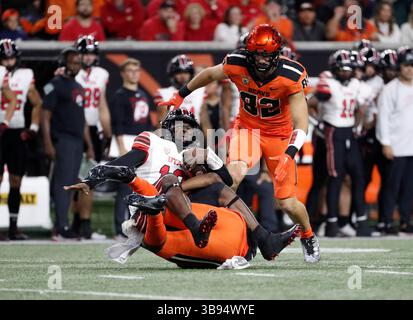 29 septembre 2023 : le quarterback des Utah Utes Nate Johnson (13 ans) est enveloppé par le linebacker des Oregon State Beavers Andrew Chatfield Jr. (10 ans) lors du match de football NCAA entre les Utah Utes et les Oregon State Beavers au Reser Stadium, Corvallis, OREGON. Larry C. Lawson/CSM (crédit image : © Larry C. Lawson/CSM via ZUMA Press Wire) Banque D'Images