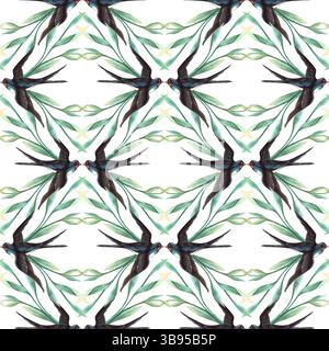 Motif sans couture de printemps avec des hirondelles et du feuillage. Botanical aquarelle dessinée à la main avec des oiseaux volants et des feuilles fond floral parfait pour le mariage Banque D'Images