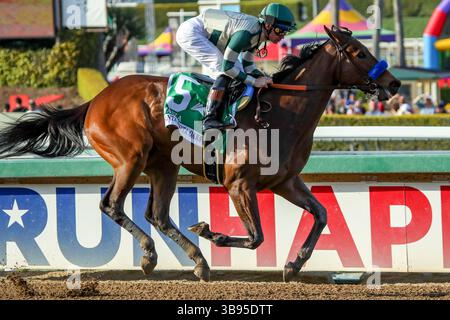 8 avril 2023, Arcadia, CA, USA : Faiza (5) monté par Flavien Prat remporte les Santa Anita Oaks (Grade 2) 8 avril 2023 au Santa Anita Park à Arcadia, CA. Casey Phillips/Eclipse Sportswire/CSM (crédit image : © Casey Phillips/CSM via ZUMA Press Wire) Banque D'Images