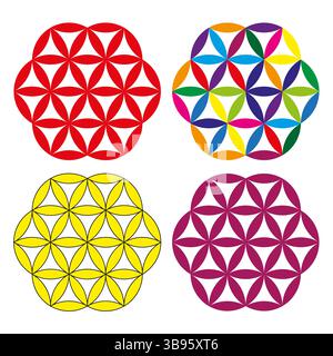 Fleur de vie. Motif sacré multicolore. Formes rouge jaune violet. Géométrie spirituelle vectorielle. Illustration de Vecteur