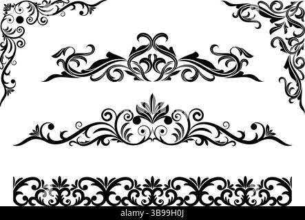 Séparateur de défilement de calligraphie de dentelle décorative classique dessiné à la main, éléments de conception de bordure et de coin pour la carte d'invitation et la décoration Illustration de Vecteur