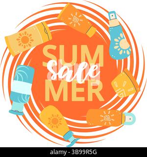 Couronne de soldes d'été vibrante avec bouteilles de crème solaire, accessoires de plage et typographie audacieuse. Parfait pour les promotions, les remises ou le marketing saisonnier Illustration de Vecteur
