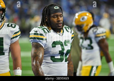 DETROIT, mi - 06 NOVEMBRE : Green Bay Packers RB Kylin Hill (32) avant le match entre Green Bay Packers et Detroit Lions le 6 novembre 2022 à Detroit, mi (photo par Allan Dranberg/CSM) (image crédit : © Allan Dranberg/CSM/CSM via ZUMA Press Wire) Banque D'Images