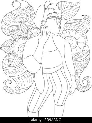 Illustration d'art au trait noir et blanc pour la coloration, représentant une personne dans la mode inspirée des années 90. Présente une tenue élégante avec un pantalon large, un haut court Illustration de Vecteur