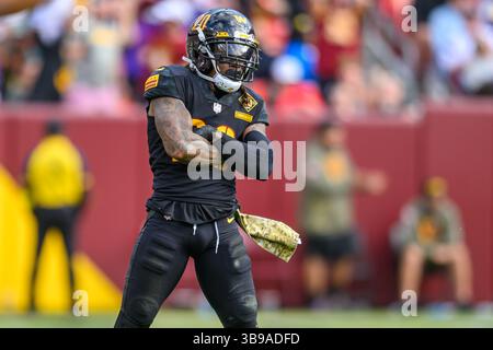 6 novembre 2022 : la sécurité des commandants de Washington Bobby McCain (20 ans) réagit pendant le match de la NFL entre les Vikings du Minnesota et les commandants de Washington à Landover, MD. Reggie Hildred/CSM (image crédit : © Reggie Hildred/CSM via ZUMA Press Wire) Banque D'Images