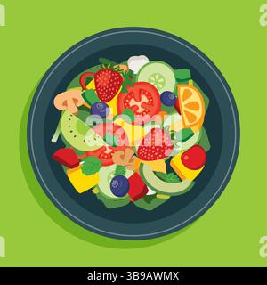 Salade de fruits et légumes dans un bol sur fond vert. Illustration de Vecteur