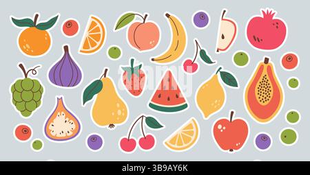 Ensemble de différents autocollants de fruits et baies. Collection de vitamines organiques et une nutrition saine. Pastèque, banane, pêche, pomme, cerise, poire, raisins, citron. Design plat, style griffonnage. Vecteur Illustration de Vecteur