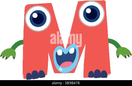 Illustration vectorielle colorée d'une lettre M sur le thème du monstre avec de grands yeux et une expression ludique Illustration de Vecteur