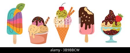 Ensemble vectoriel dessiné à la main de diverses crèmes glacées Illustration de Vecteur