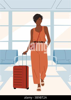 Femme élégante marchant avec une valise dans l'aéroport Illustration de Vecteur