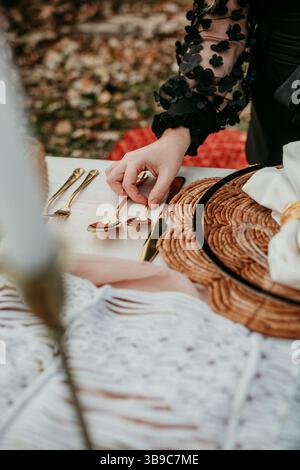 Installation de table de tête de pique-nique Fall Boho pour un mariage Banque D'Images