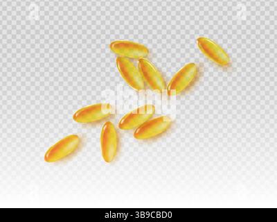 Capsules d'huile de poisson réalistes isolées sur fond transparent. Pilules de gel doux brillant avec couleur dorée. Suppléments vitaminiques isolés pour la santé et Illustration de Vecteur