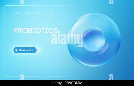 Probiotics 3d page d'accueil du site Web avec fond dégradé bleu, bulle liquide transparente et bouton de téléchargement lumineux. Concept de santé et de bien-être Illustration de Vecteur