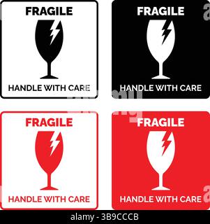 poignée fragile avec étiquettes d'entretien en rouge, noir et blanc avec icônes en verre brisé utilisées pour les avertissements d'emballage et d'expédition Illustration de Vecteur